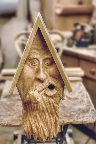 vogelhaus nistkasten gesicht holz motors�ge kettens�ge schnitzen carving jochen adam